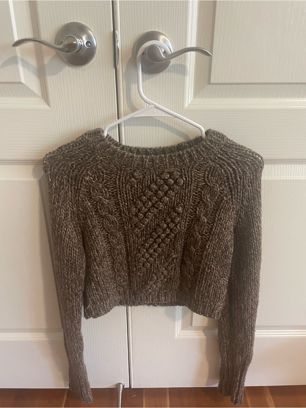 Express Cropped Cable-Knit Crew Sweater in Brown